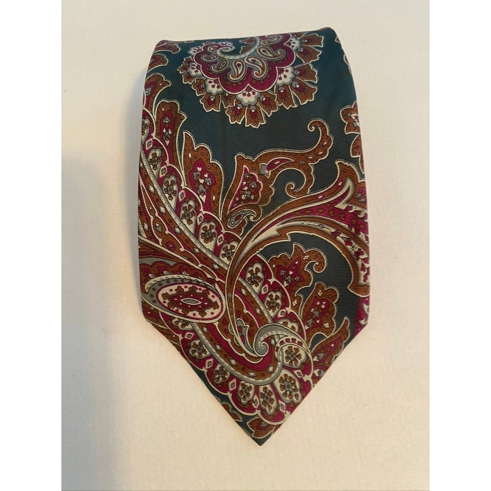 Mario Valentino Mens Paisley Silk Tie Teal Burgundy Gold Italian Designer
